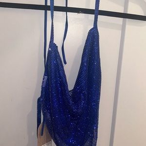 Meshki Daphne Diamante Cowl Neck Halter Top Blue